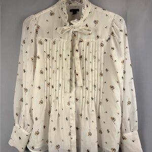 Ann Taylor Cream Floral Tie-Neck Pintuck Blouse